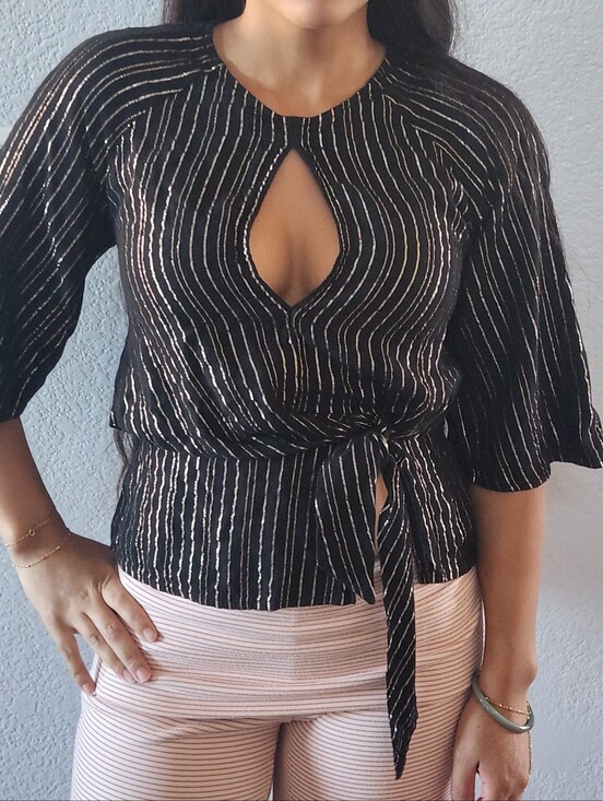 Express Tops - Express Gold Striped ¾ Sleeve Top Size XS